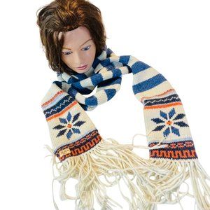 Extra Long 115" Vintage Hollister Lambs Wool Knit Scarf  Fringe Nordic Snowflake
